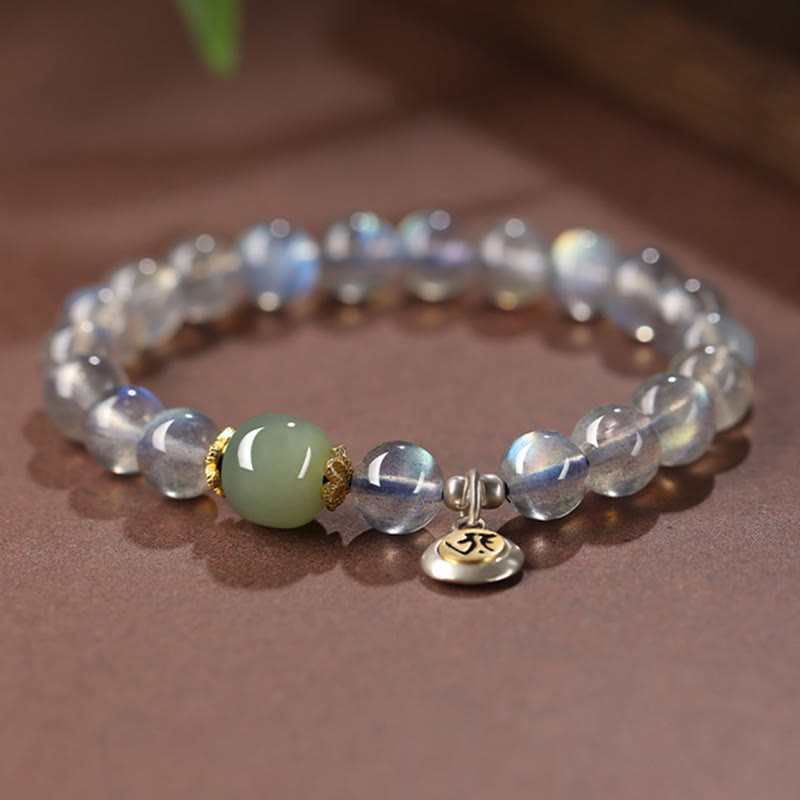 Chinese Zodiac Natal Buddha 925 Sterling Silver Natural Moonstone Hetian Jade Positive Bracelet