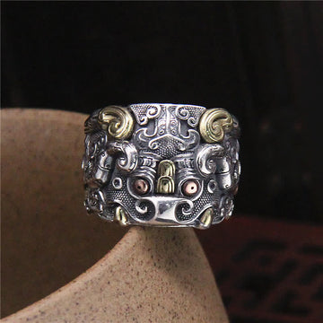 925 Sterling Silver Mythical Dragon and Kui Ox Adjustable Ring