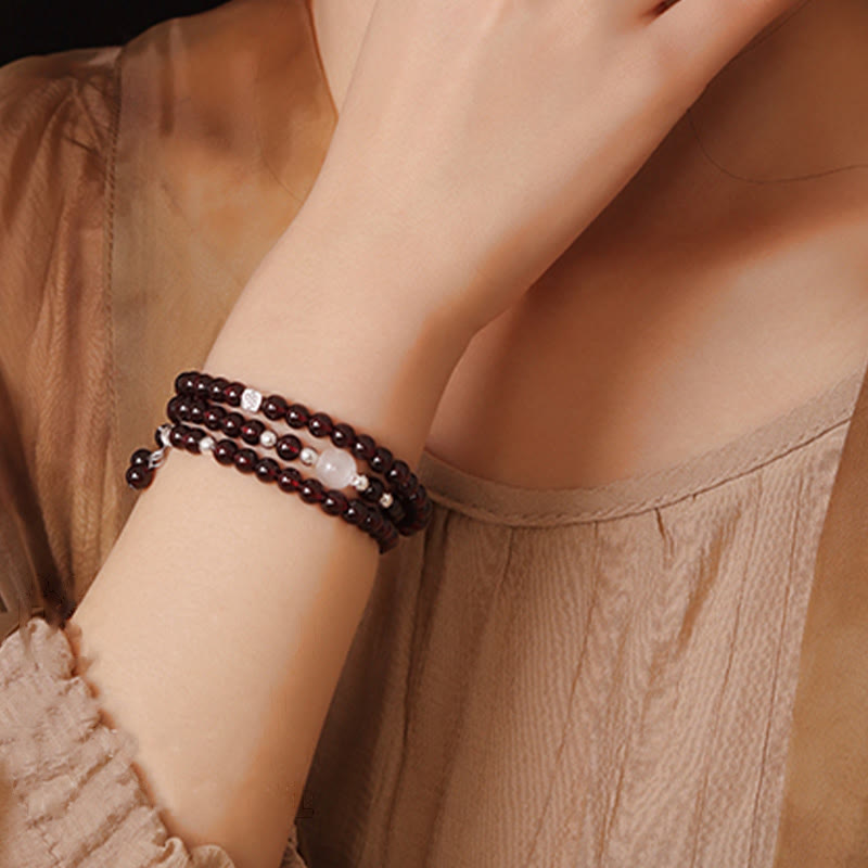 925 Sterling Silver Natural Garnet Cat Eye Protection Triple Wrap Bracelet