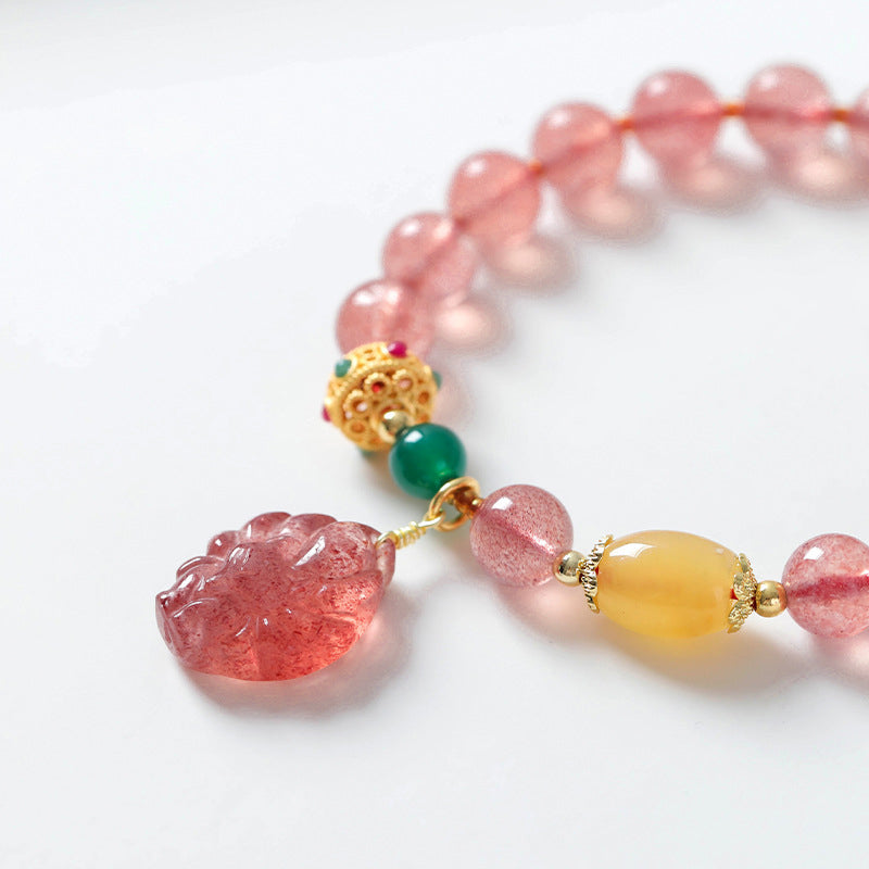 Natural Strawberry Quartz, Green Agate & Golden Silk Jade Nine-Tailed Fox Beaded Bracelet