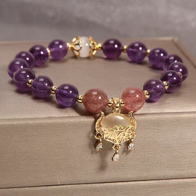 Handmade Amethyst Strawberry Quartz Cat's Eye Longevity Lock Charm Beaded Bracelet