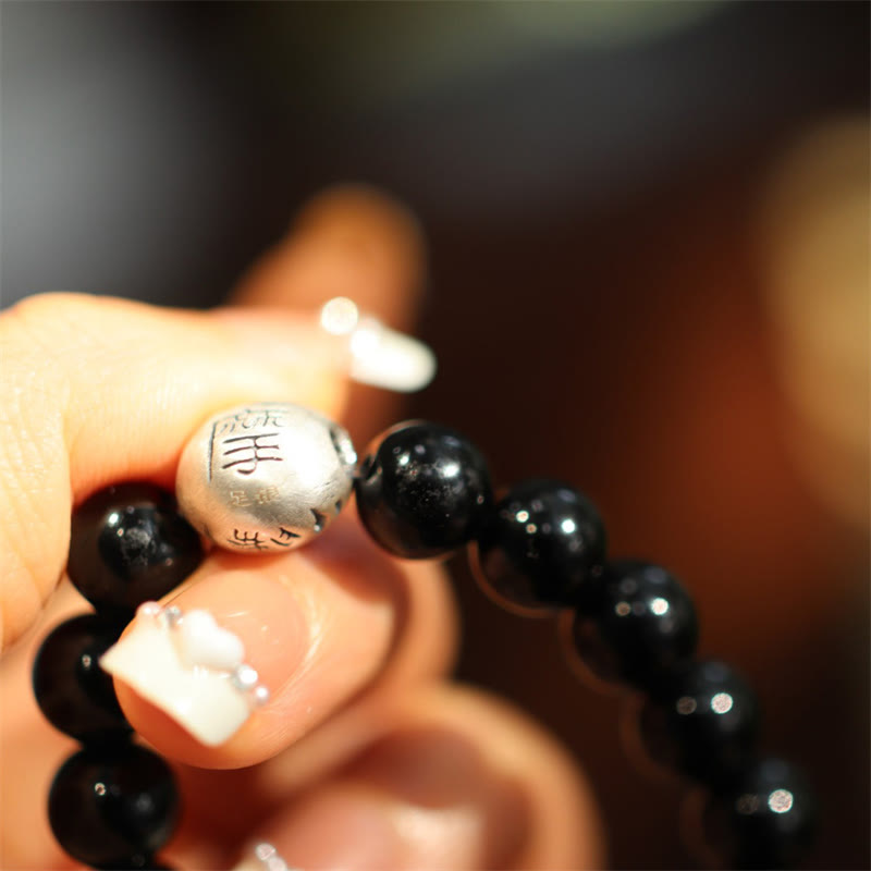 Engraved 925 Sterling Silver and Black Onyx Beaded Bracelet