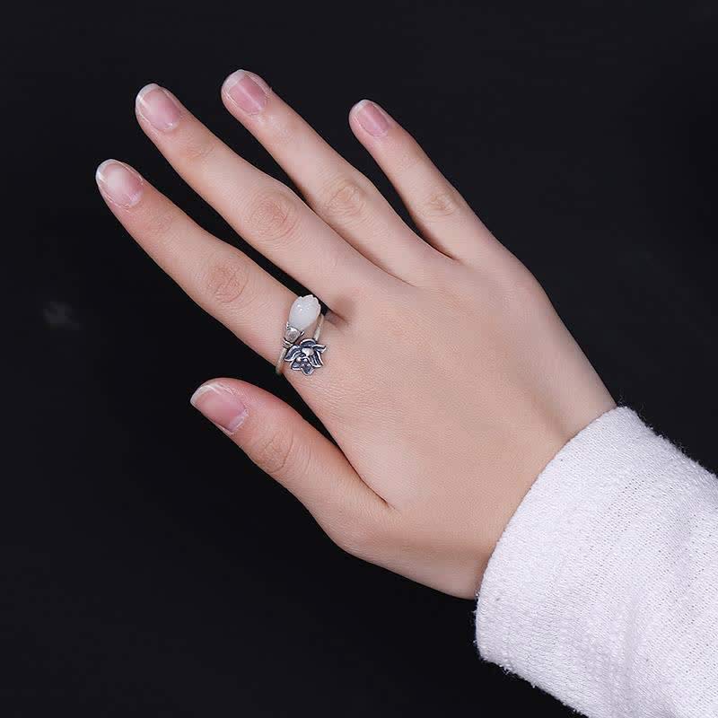 Handmade Copper Jade Lotus Adjustable Ring