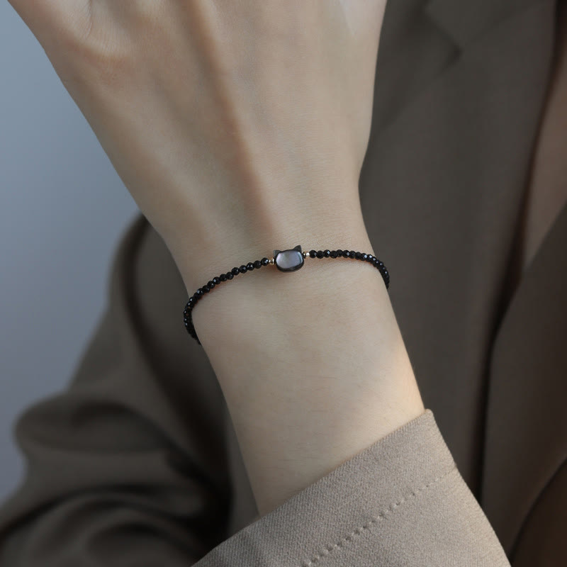 14K Gold Plated Black Spinel White Crystal Cute Cat Tridacna Stone Healing Bracelet