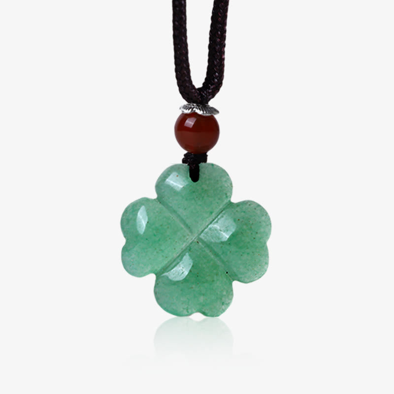 925 Sterling Silver Green Aventurine Four Leaf Clover Luck Leather Rope Necklace Pendant