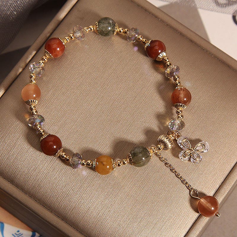 Natural Fu Lu Shou Rainbow Crystal Rutilated Quartz Wealth Butterfly Charm Bracelet