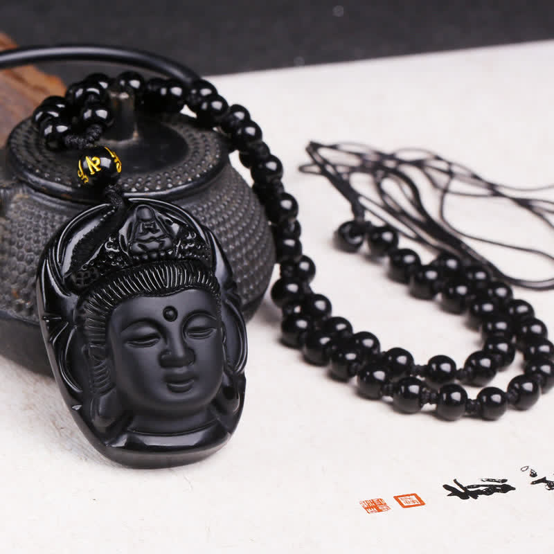 Natural Black Obsidian Kwan Yin Avalokitesvara Strength String Necklace Pendant