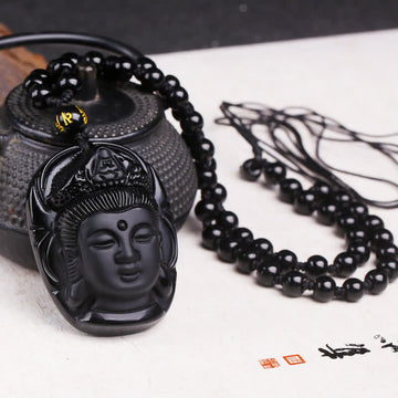 Natural Black Obsidian Kwan Yin Avalokitesvara Strength String Necklace Pendant