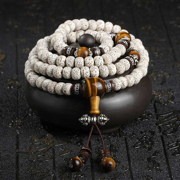 Handmade Tibetan Tiger Eye and Bodhi Seed 108-Bead Buddha Mala Peace Bracelet