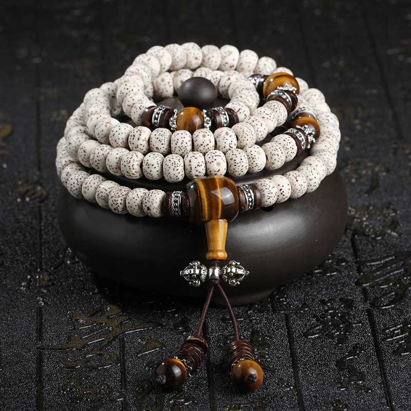 Handmade Tibetan Tiger Eye and Bodhi Seed 108-Bead Buddha Mala Peace Bracelet