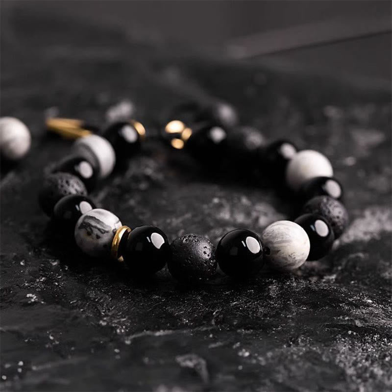 Yin Yang Balance Beaded Bracelet with Black Obsidian and Lava Stone