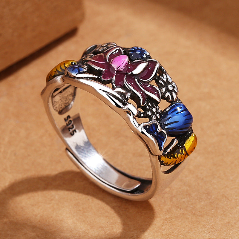 Koi Fish Lotus Flower Leaf Design Luck Wealth Ring