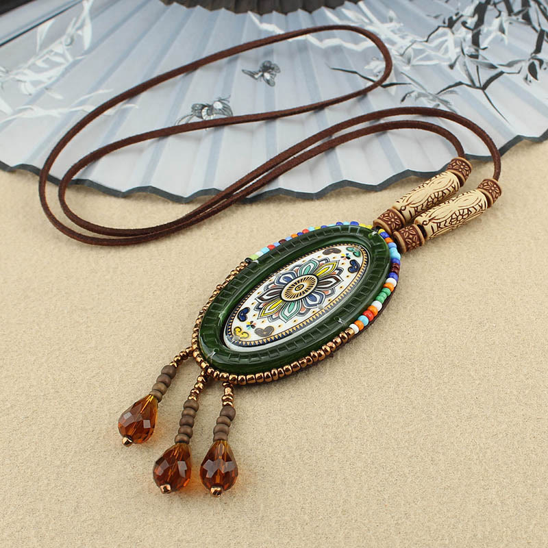 Mandala Pattern Geometric Creativity Pendant Necklace with Colorful Beads