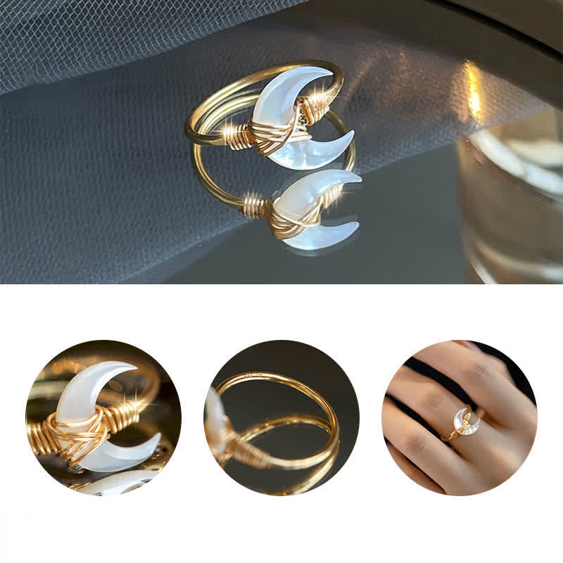 Natural Tridacna Stone Moon 14K Gold Blessing Ring