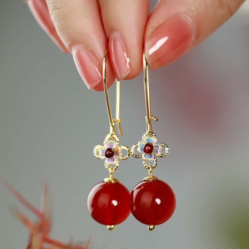925 Sterling Silver Red Agate Flower Beaded Confidence Earrings
