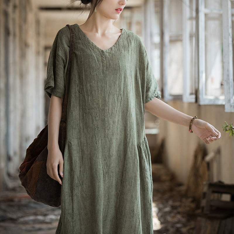 Handmade Tie Dye V-Neck Midi Dress Linen Short Sleeve Dress