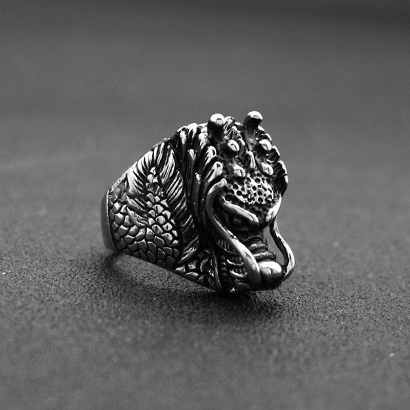 Polished Titanium Steel Dragon Motif Band Ring