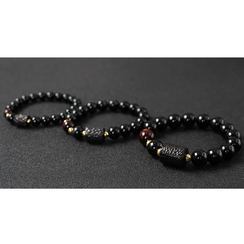 Ebony Wood & Black Obsidian Gold Sterling Silver Tiger Eye Beaded Couple Bracelet