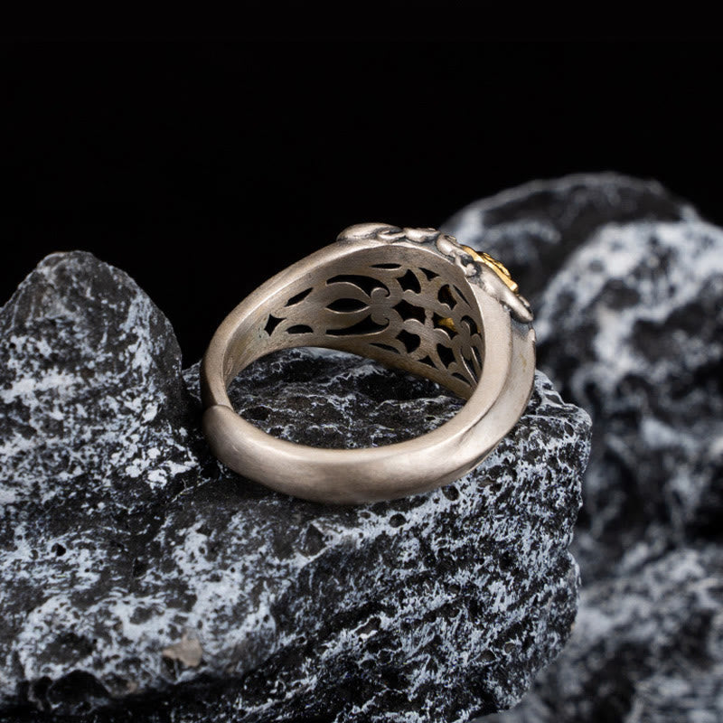 Adjustable 925 Sterling Silver Gold Kapala Tibetan Skull Ring