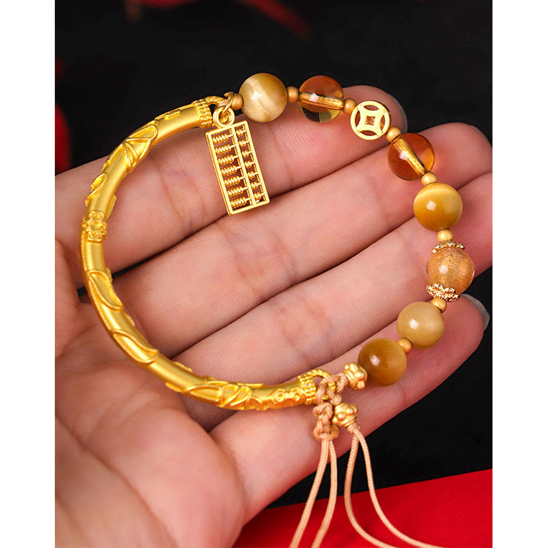 Adjustable Tiger Eye Citrine Clear Quartz Copper Abacus Charm Beaded Bracelet
