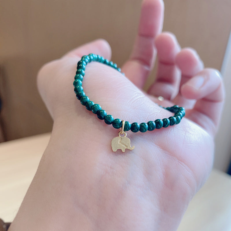 Natural Malachite Elephant Charm Bracelet with Adjustable Sizing