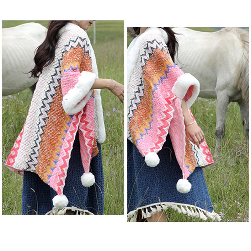Tibetan Multicolored Wavy Lines Knitted Striped Shawl Coat Winter Cozy Travel Scarf Wrap