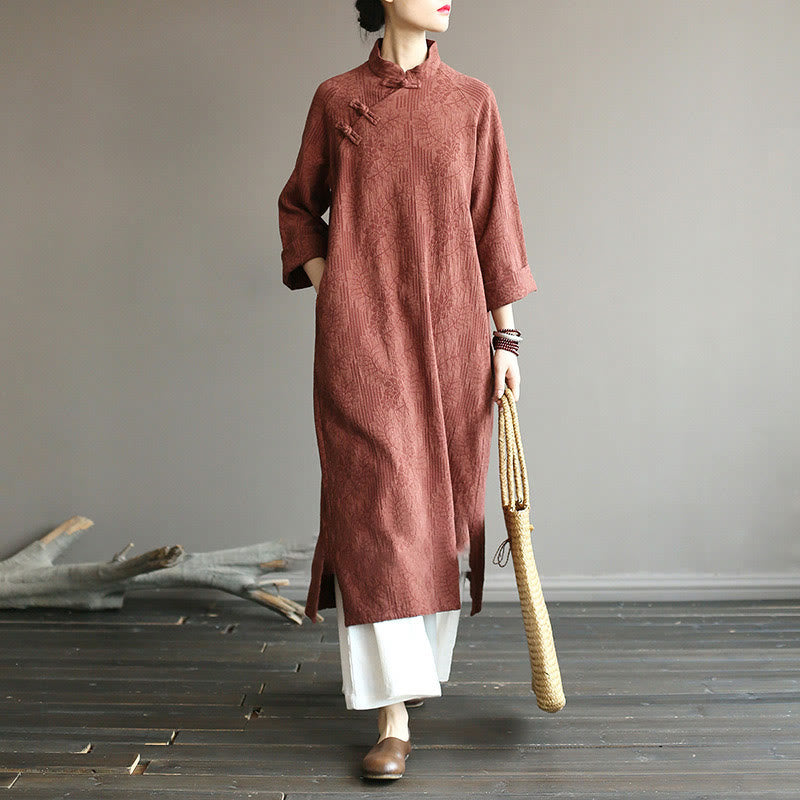 Flower Jacquard Midi Dress Long Sleeve Cotton Linen Dress Wide Leg Pants With Pockets
