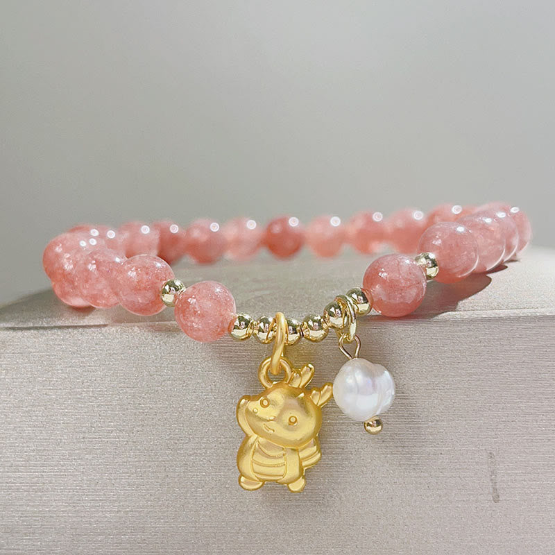 Year of the Dragon Strawberry Quartz Dragon Pearl Charm Protection Bracelet