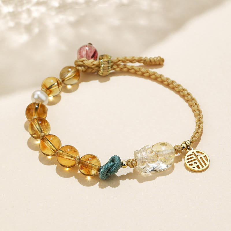 Citrine PiXiu Fu Character Prosperity String Braided Bracelet