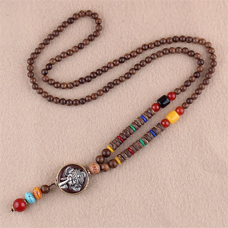 Tibetan Wenge Wood Bodhi Seed Agate Elephant Protection Necklace Pendant (Extra 40% Off | USE CODE: FS40)