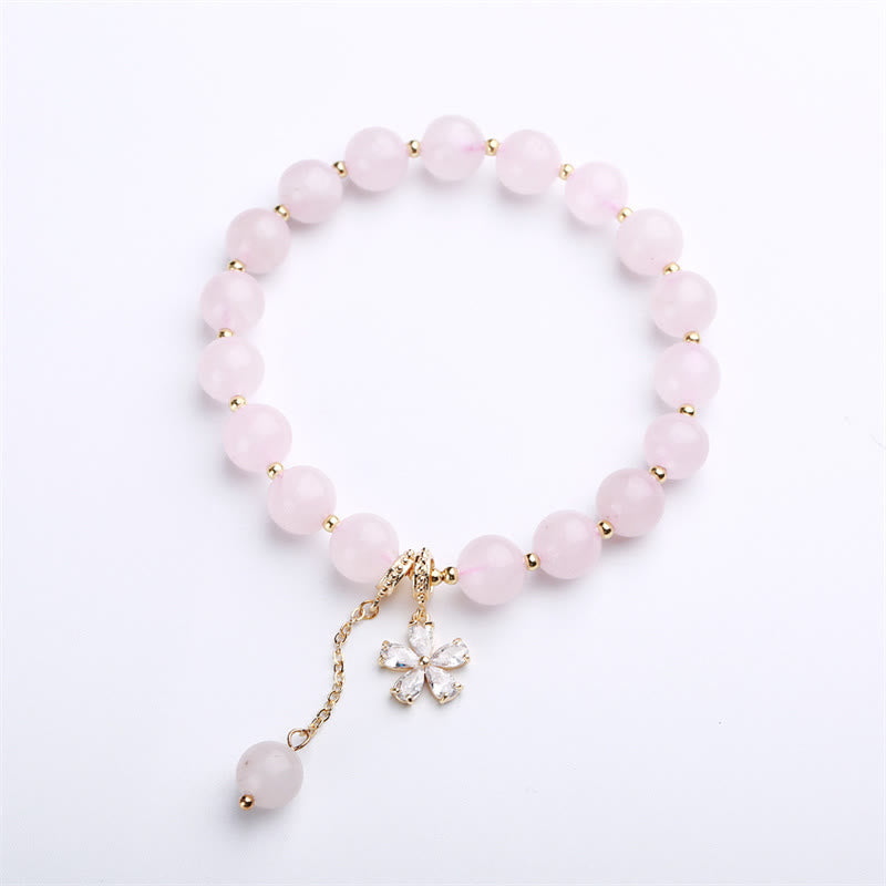 Natural Rose Quartz and Gold Copper Plum Blossom Beaded Bracelet