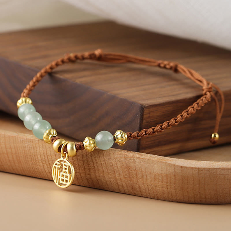 Jade Beads Fu Character Blessing Rope Bracelet