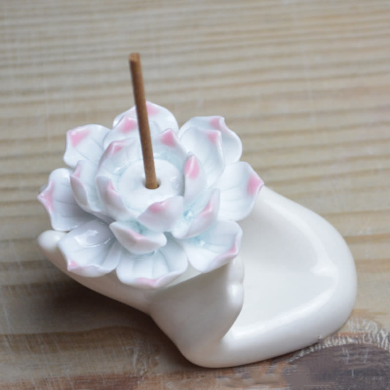 Small Ceramic Mudra Hand & Lotus Incense Burner for Mindful Practice
