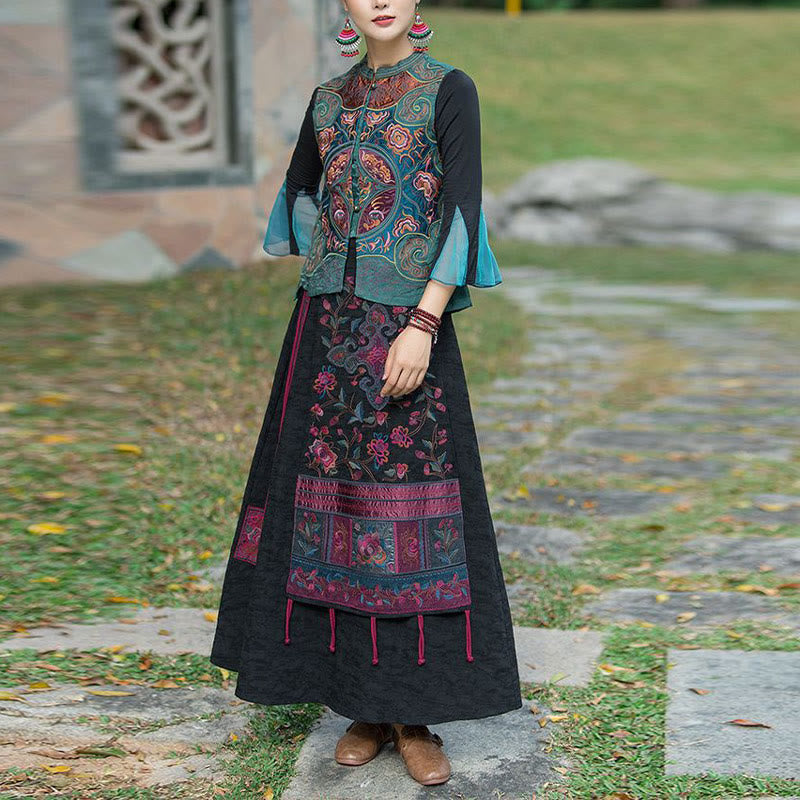 Vintage Style Embroidery Flower Tang Suit Design Sleeveless Vest