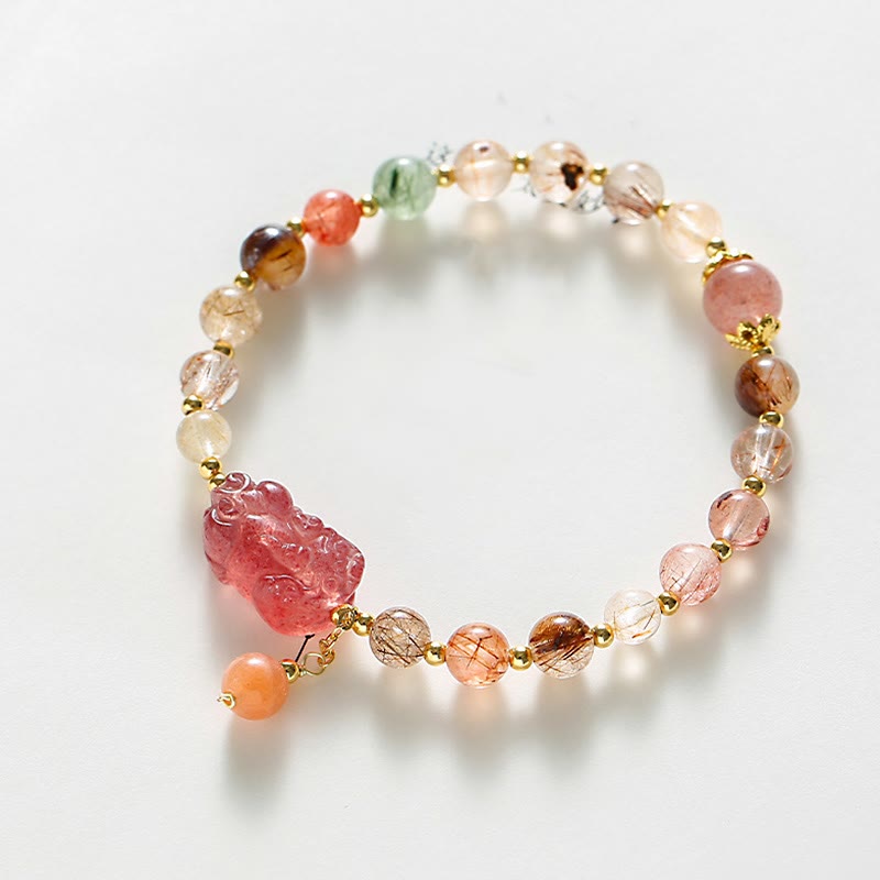 Hand-Assembled Natural Strawberry Quartz & Copper Pixiu Beaded Bracelet