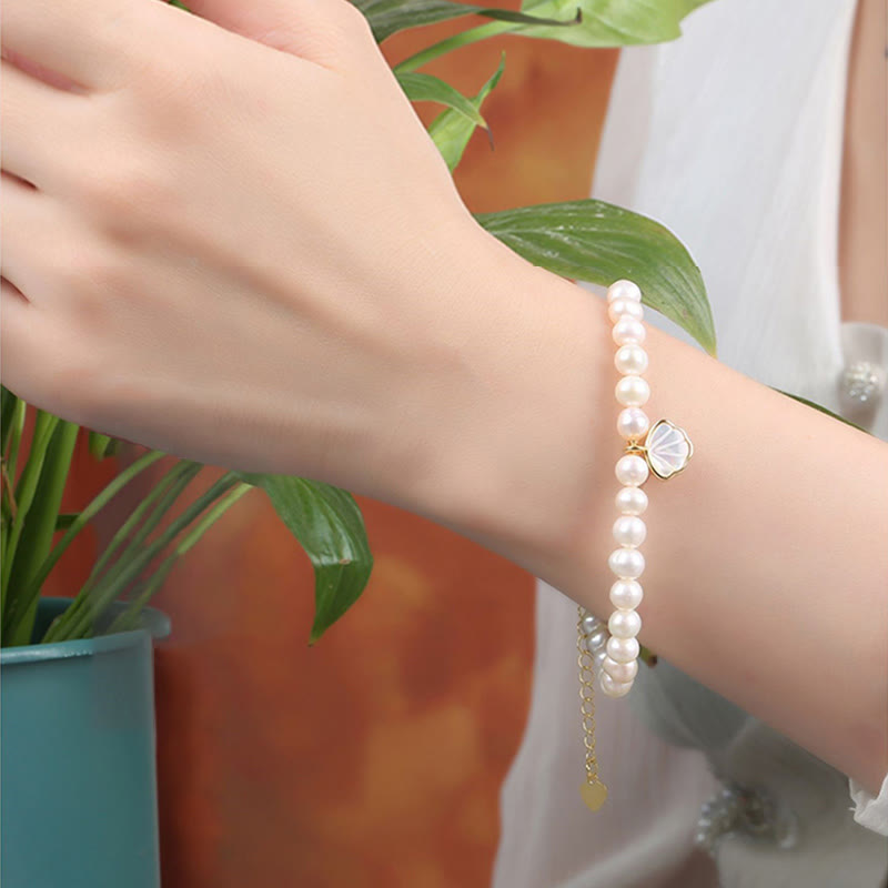14K Gold Plated Natural Pearl & Seashell Charm Bead Bracelet with Amethyst or Red Agate
