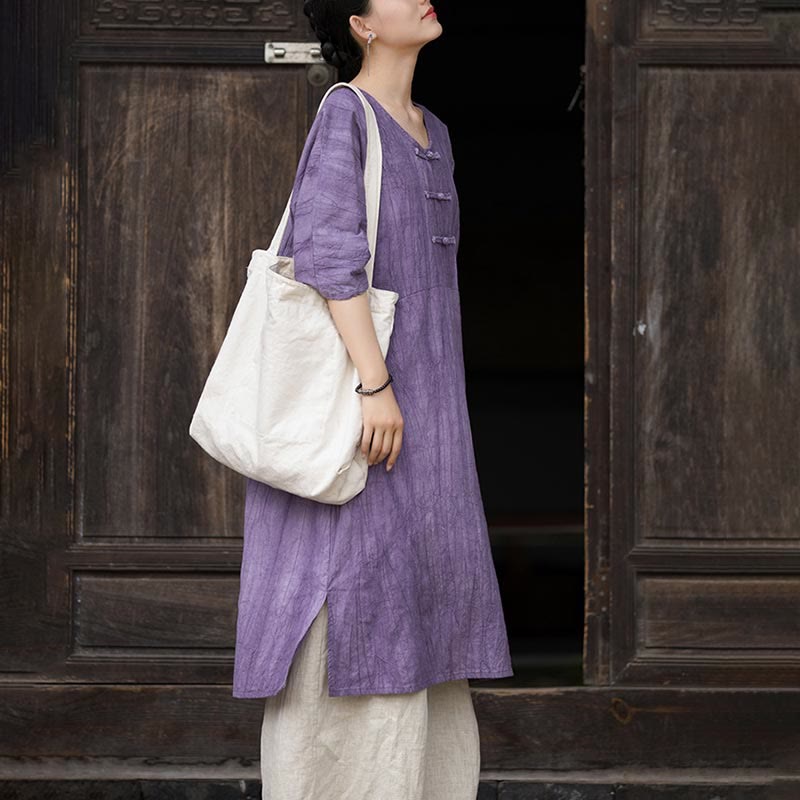 Ramie Linen Tie-Dye Frog-Button Meditation Midi Dress & Wide-Leg Pants Set