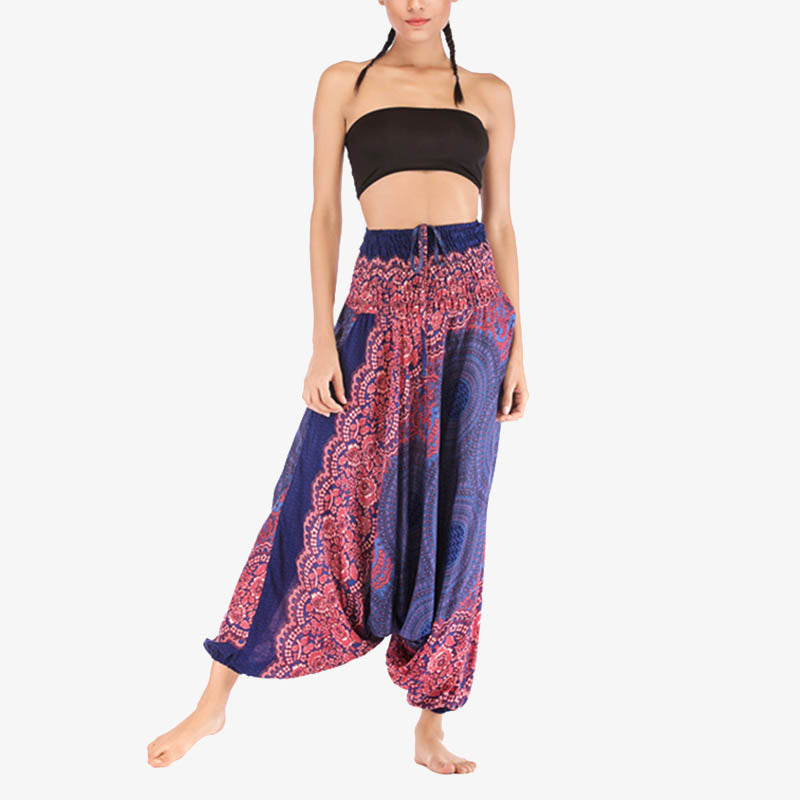 Two Style Wear Round Geometric Pattern Loose Smocked Harem Trousers Jumpsuit High Waist Women's Yoga Pants