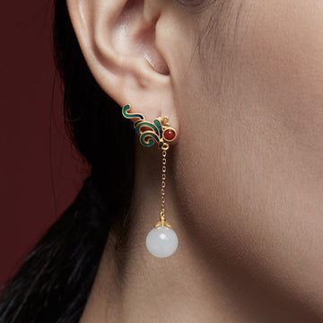 Vintage White Jade Red Agate Bead Blessing Drop Dangle Earrings