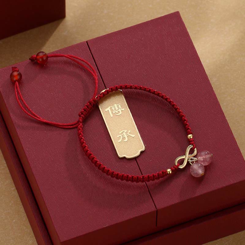 Adjustable Strawberry Quartz Crystal, Copper & Endless Knot Red String Woven Bracelet