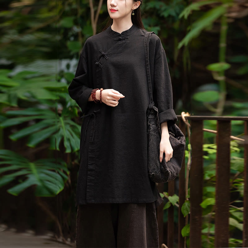Vintage Cotton Linen Blouse Women Long Sleeve Shirt Chinese Hanfu Top