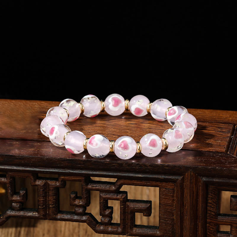 Gold Swallowing Beast Family Pink Love Heart Luminous Fluorescent Liuli Glass Bead Bracelet