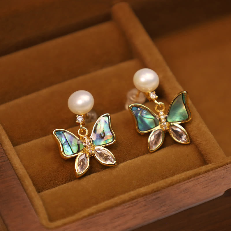 18K Gold Plated Copper Natural Shell Pearl Butterfly Sincerity Stud Earrings