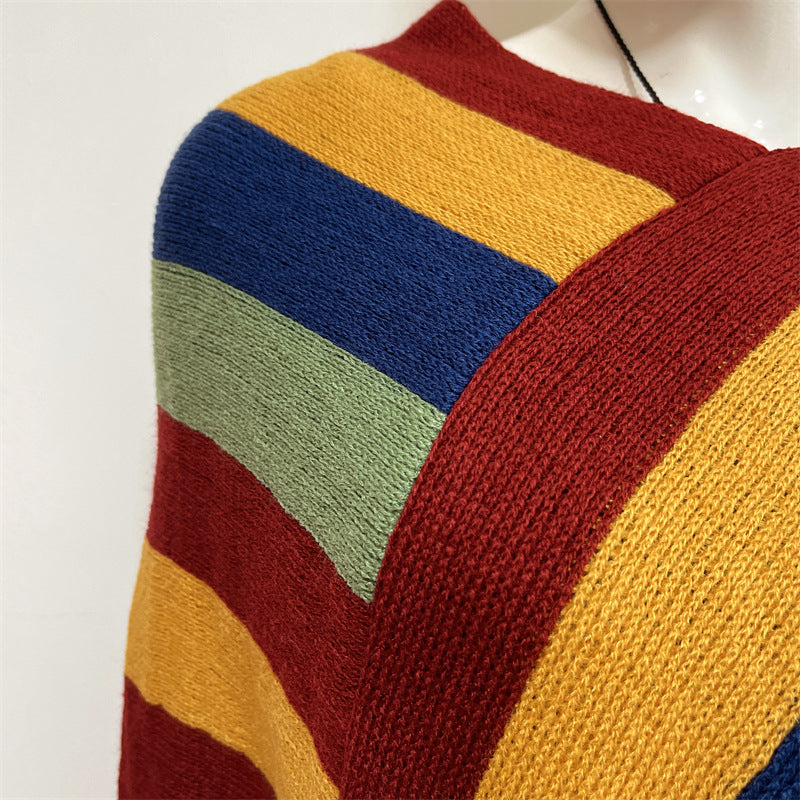 Knitted Striped Tassel Pullover Meditation Shawl Wrap