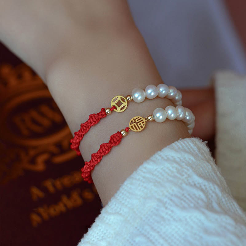 14K Gold Plated Pearl and Prosperity Symbol Braided Red String Bracelet