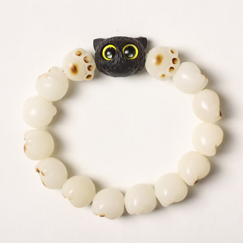 Natural Bodhi Seed Lovely Paw Ebony Wood Lucky Cat Wisdom Bracelet