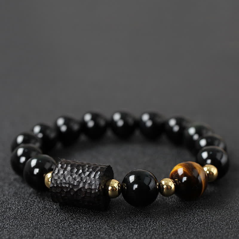 Ebony Wood & Black Obsidian Gold Sterling Silver Tiger Eye Beaded Couple Bracelet