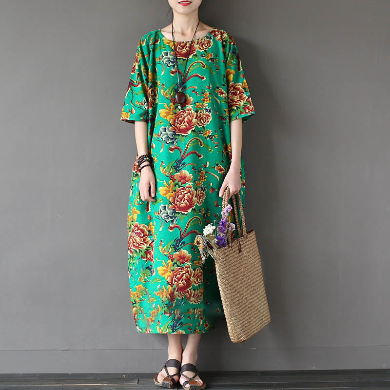 Red Peony Flowers Printed Midi Dress Half Sleeve Cotton Linen Dress