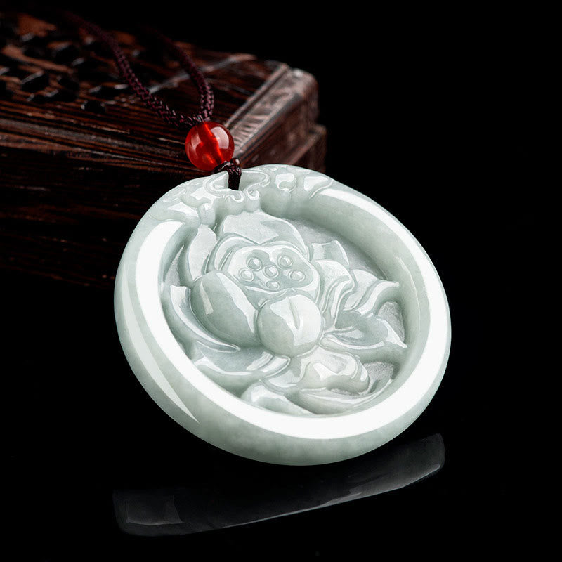 Natural Jade Lotus Flower Carved Prosperity Necklace Pendant