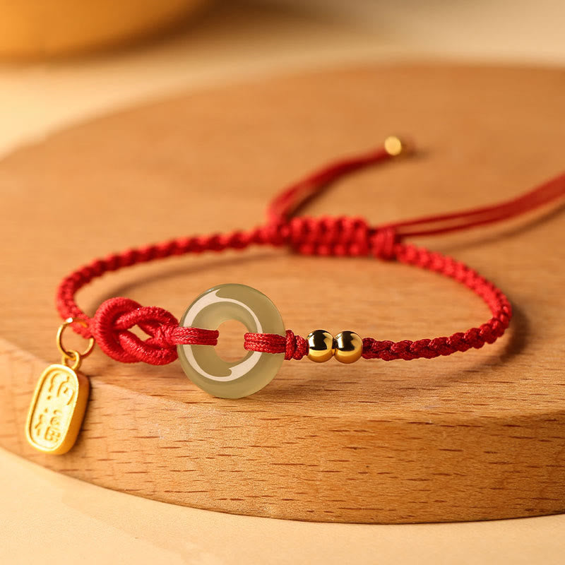 Hetian Jade Ping An Kou & Sterling Silver Fu Symbol Adjustable Cord Bracelet